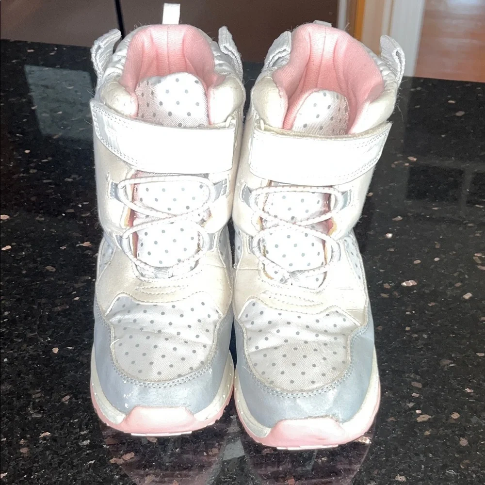 Girls Carter's Snow Boots - Pink and White with Gray Polka Dot